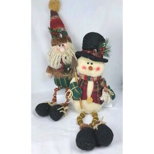 Snowman Santa Shelf Sitters Set Polyester, Stuffed W/ Spools, Buttons, Bead Legs